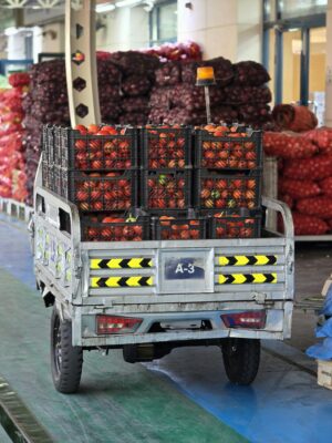 A small truck loaded with fresh tomatoes at a bustling market in Dubai.